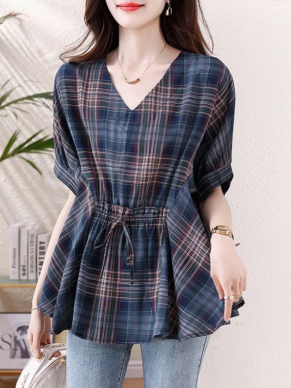 Plaid Chiffon Top with Drawstring Waist