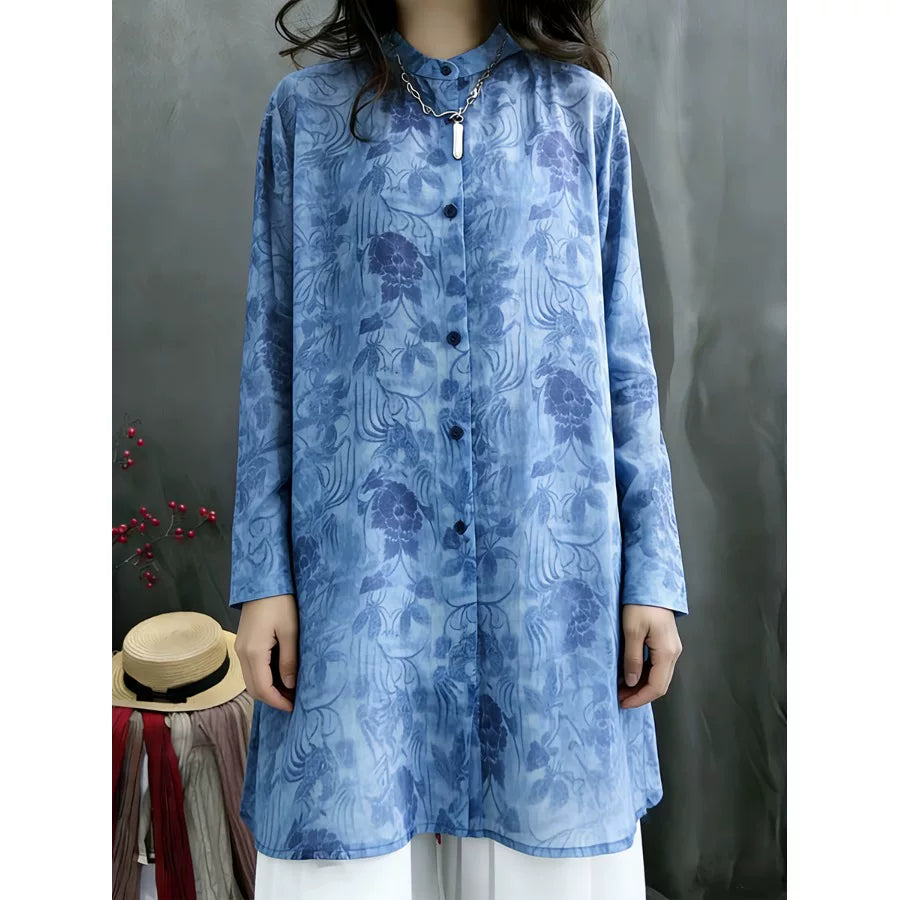 Chiffon Tunic with Blue Floral Print & Side Slits