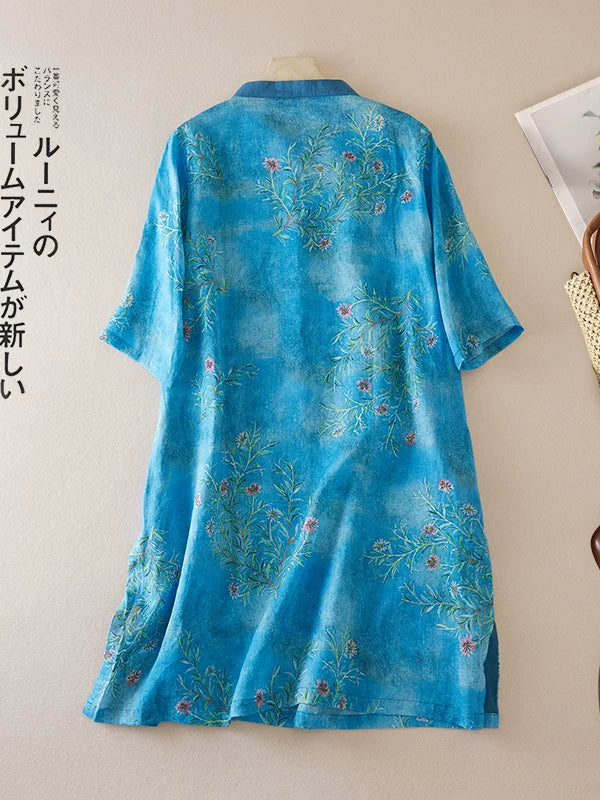 Floral Print Cotton Linen Half Sleeve Shirt with Embroidery