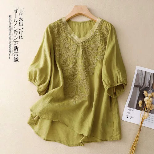 Embroidered Half Sleeve V-Neck Blouse, Cotton Linen