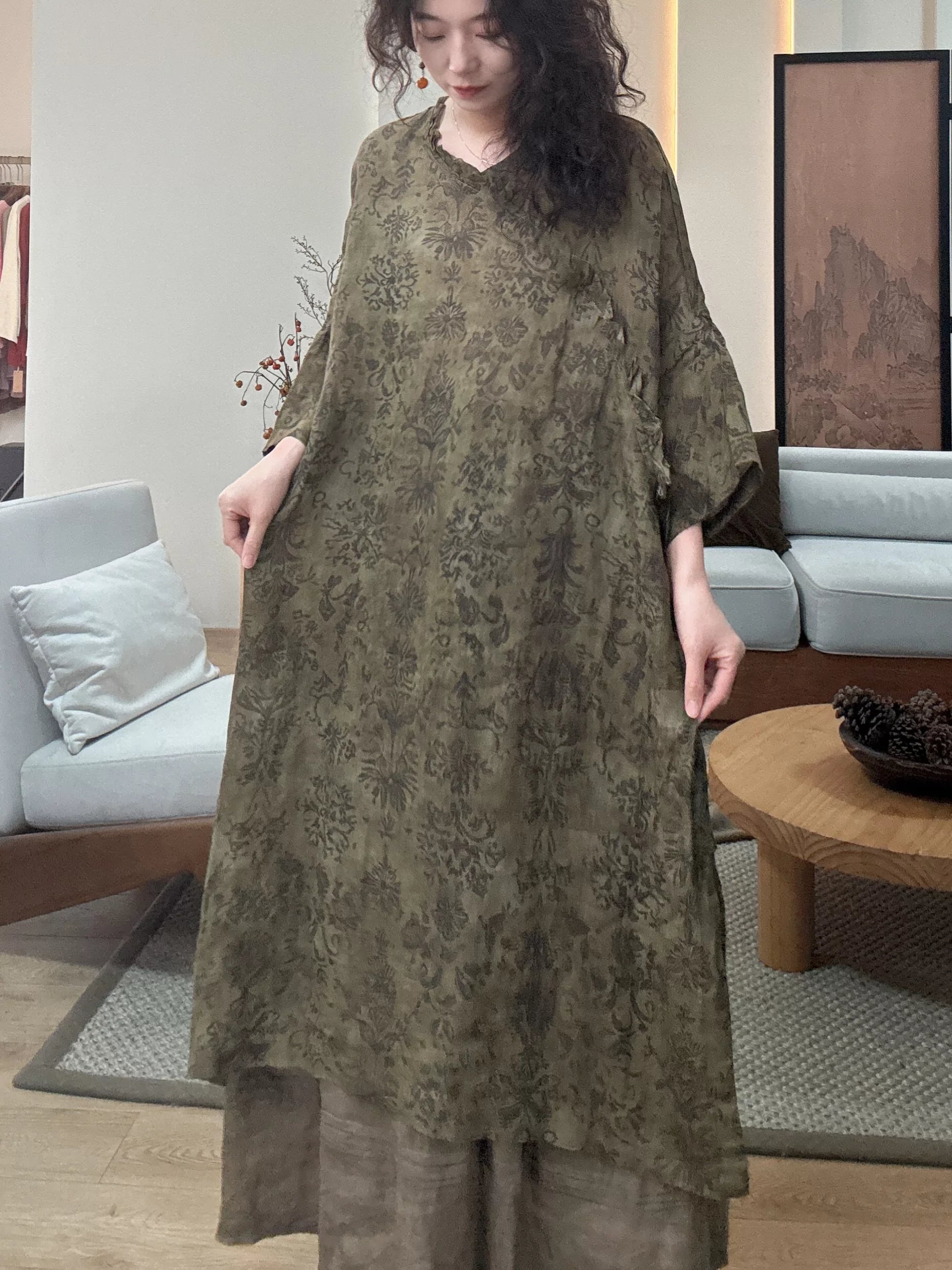 Relaxed Linen Midi Dress with Subtle Print