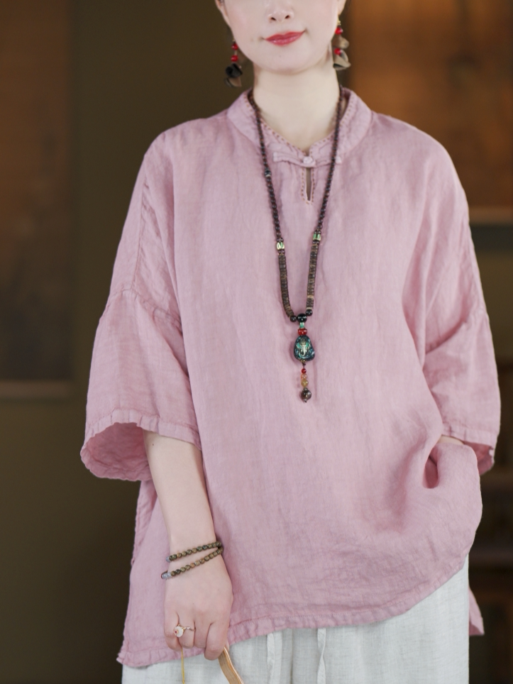 100% Linen Boxed Top with Stand Collar & Elbow Sleeves