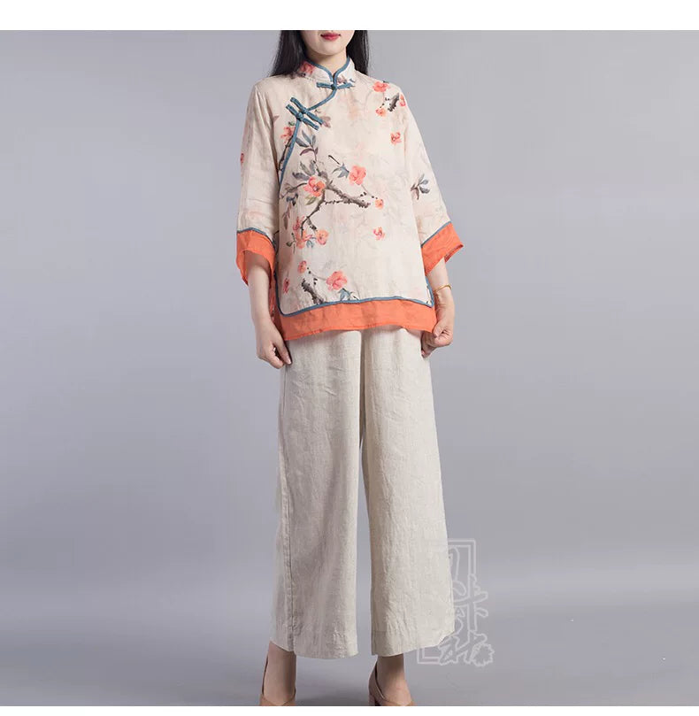 Floral Print Cotton Linen Three Quarter Sleeve Shirt