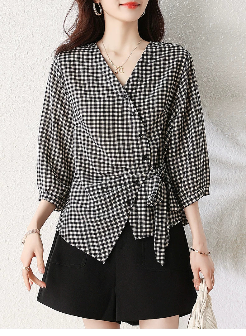 Gingham Wrap Blouse with Self-Tie Knot