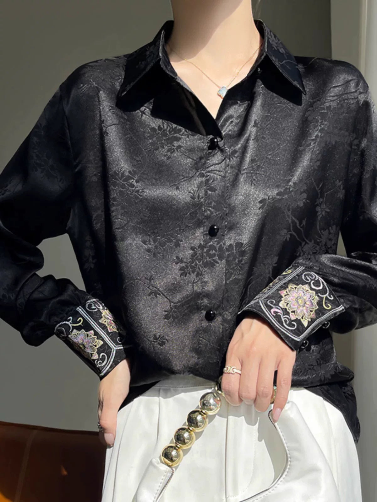 Acetate Woven Blouse with Frog Buttons