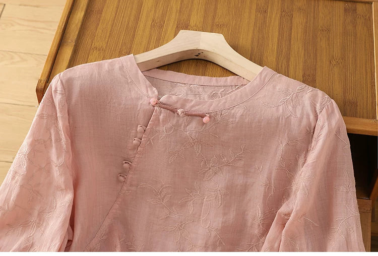 Embroidered Botanical Vine Cotton Linen Three Quarter Sleeve Shirt
