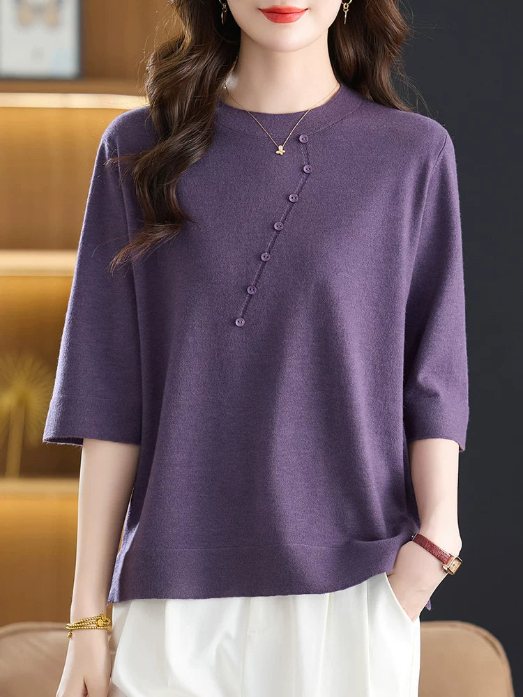 Relaxed Knit Top with Front Button Trim