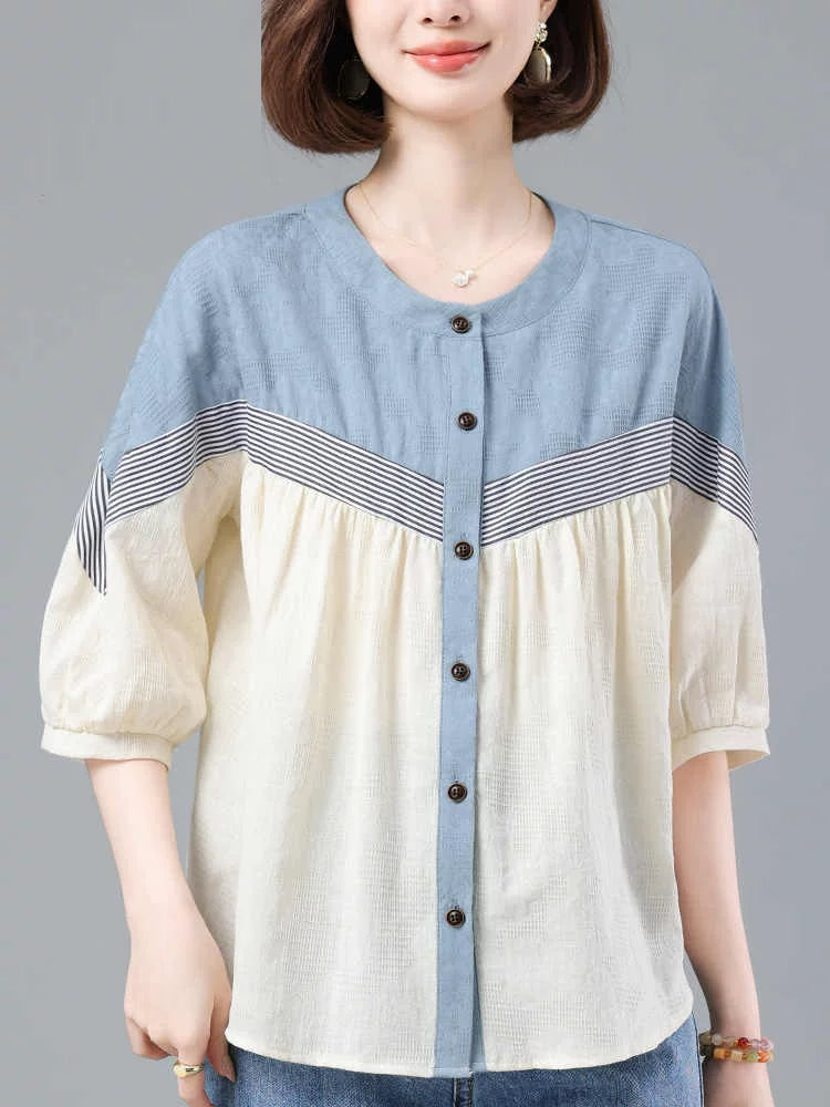 100% Cotton Color-Block Button Top with Striped Trim