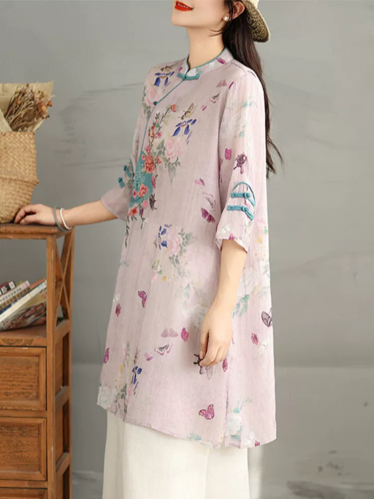 Relaxed Floral Tunic with Embroidered Panel & Tie Detail