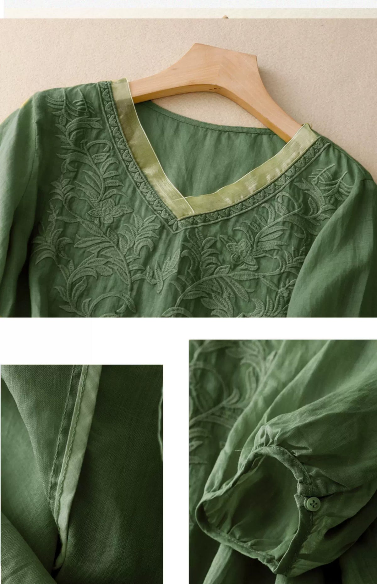 Embroidered Half Sleeve V-Neck Blouse, Cotton Linen