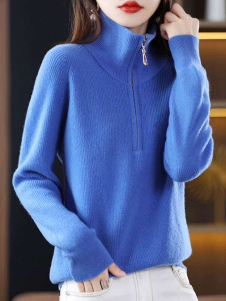 Relaxed Half-Zip Knit Top with Stand Collar