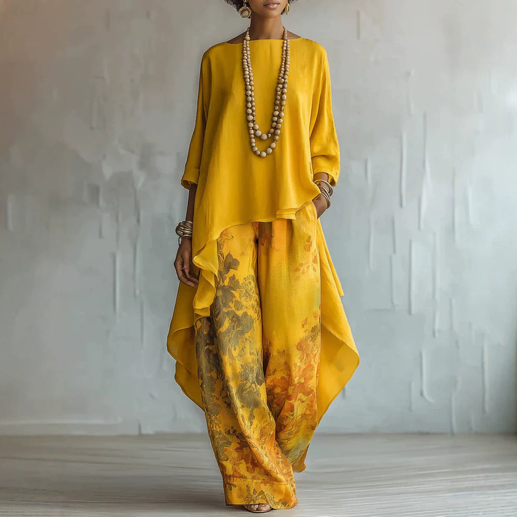 Relaxed Two-Piece Set with Asymmetrical Hem & Floral Pants