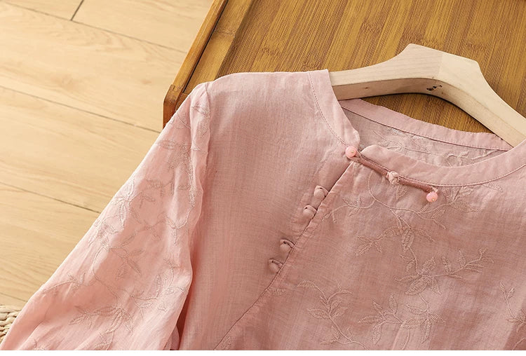 Embroidered Botanical Vine Cotton Linen Three Quarter Sleeve Shirt
