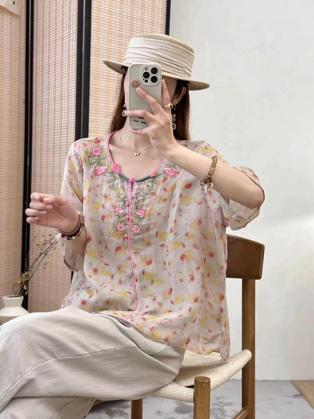 Embroidered Floral Print Half Sleeve Shirt
