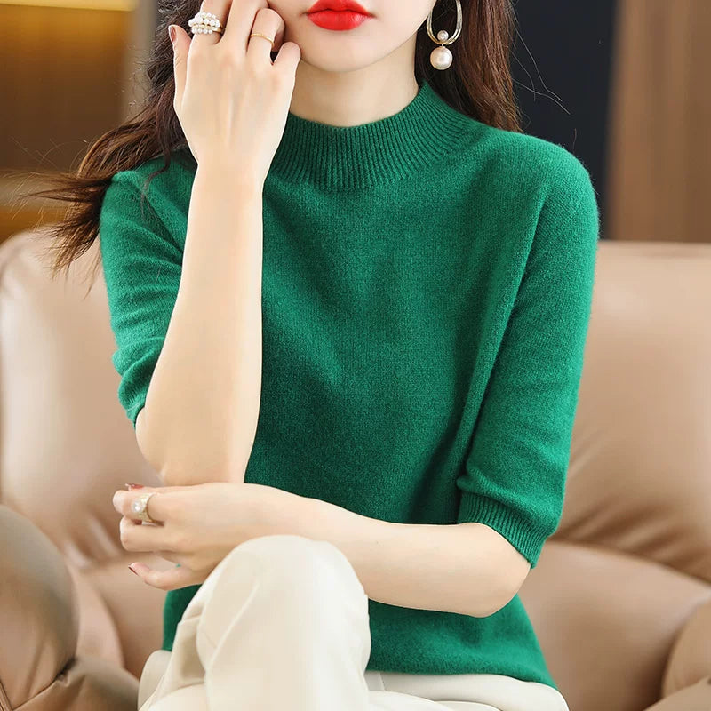 Relaxed Knit Top with Small Stand Collar & Elbow Sleeves