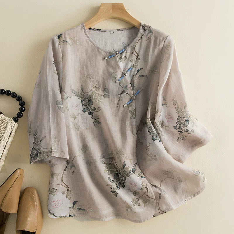 Botanical Bird Print Cotton Linen Three Quarter Sleeve Shirt