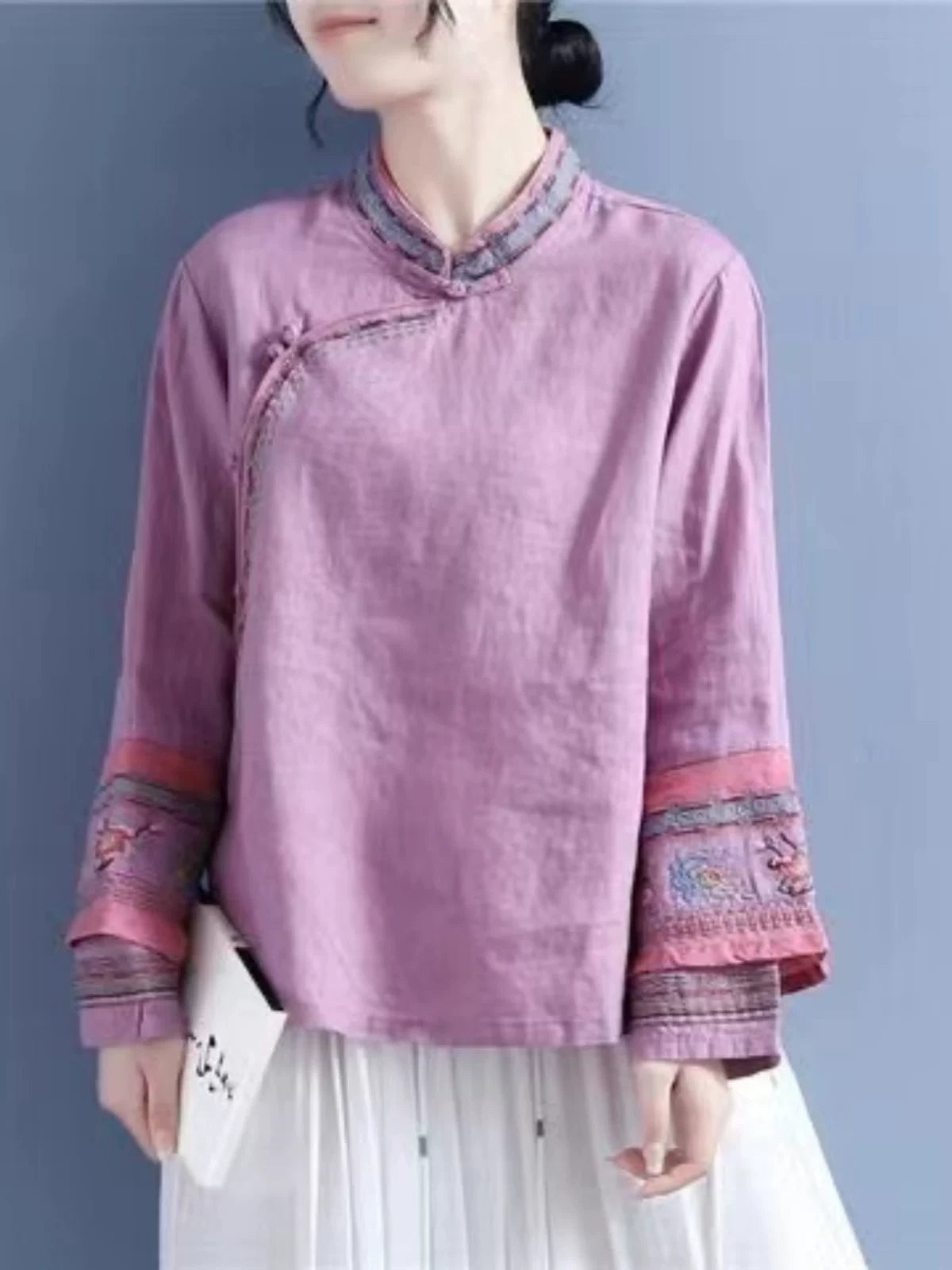 Embroidered Long Sleeve Shirt, Cotton Linen, Rounded Neckline