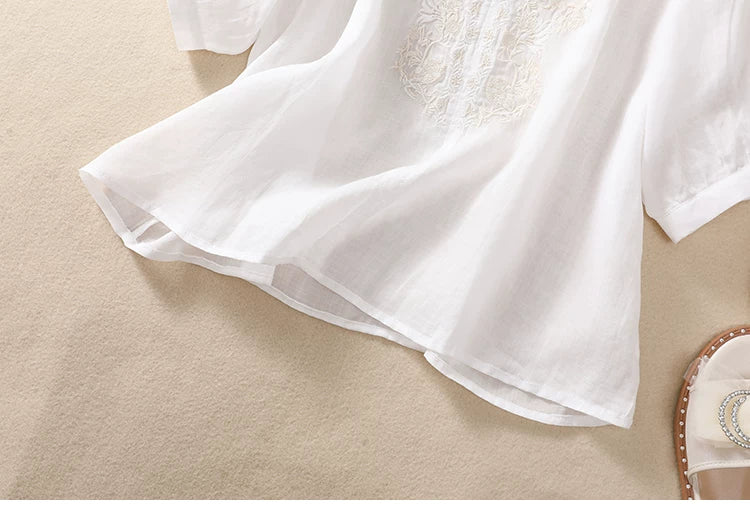 Embroidered Three Quarter Sleeve Blouse, Cotton Linen