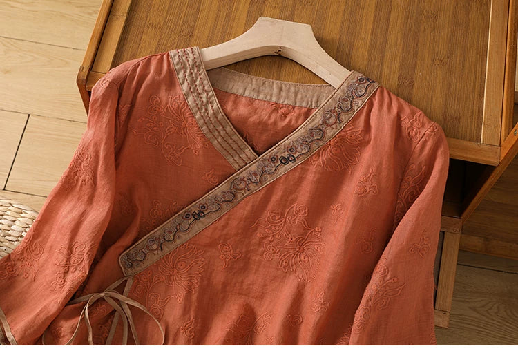 Embroidered Trim Three Quarter Sleeve Shirt