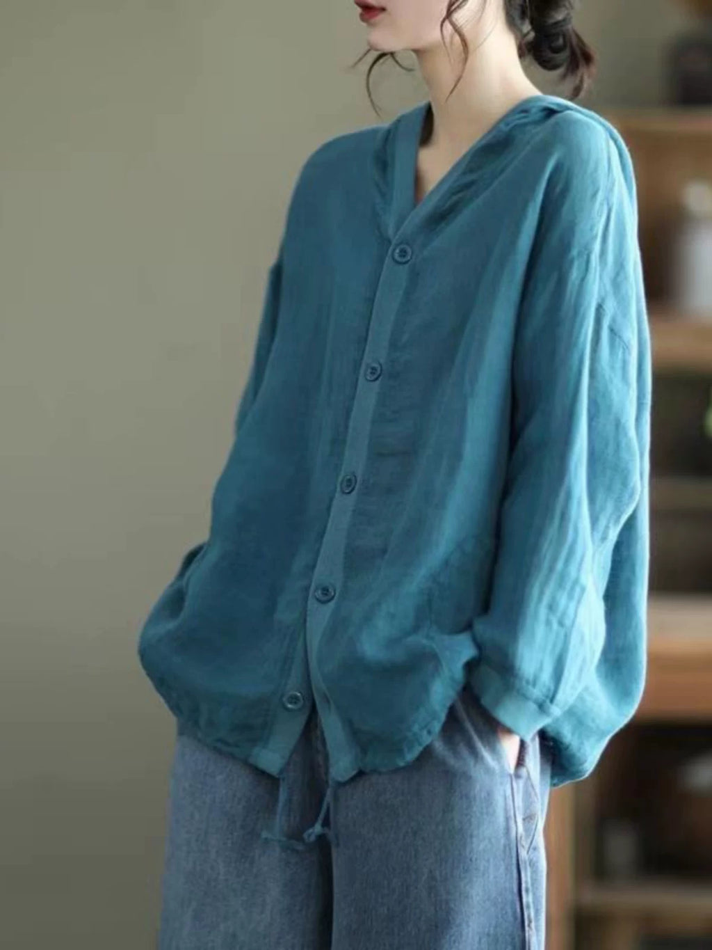 清仓捡漏一线复古连帽亚麻长袖外套女秋季宽松大码防晒衣开衫上衣
