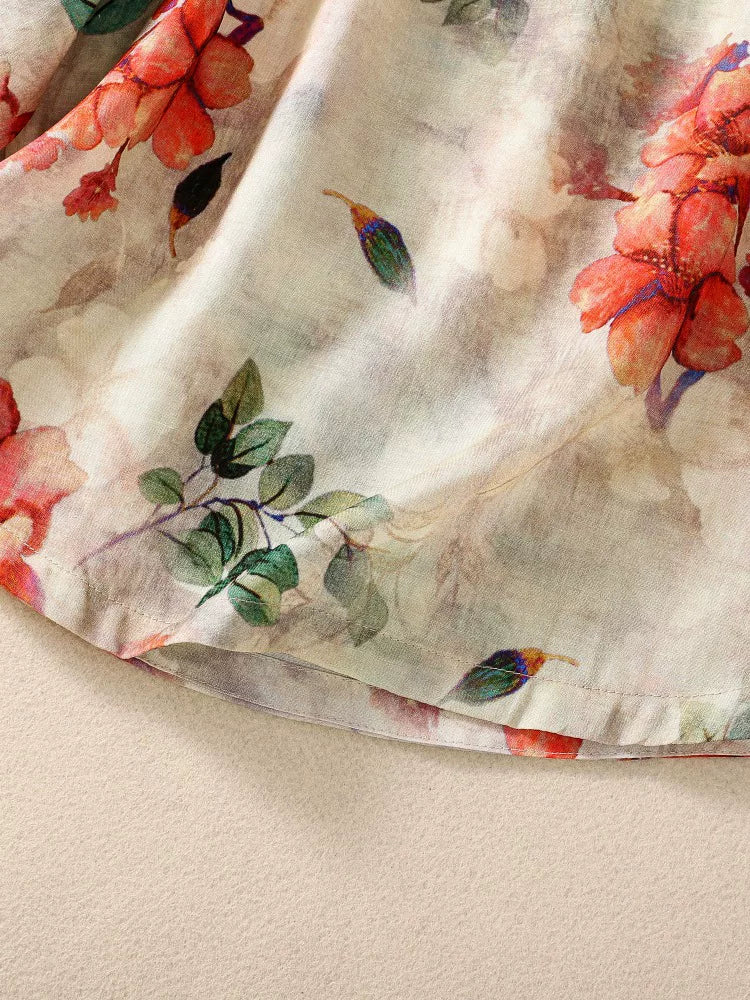 Floral Print Shirt with Three Quarter Sleeves, Cotton Linen