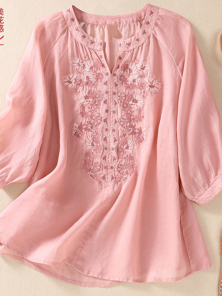 Embroidered Three Quarter Sleeve Blouse, Cotton Linen