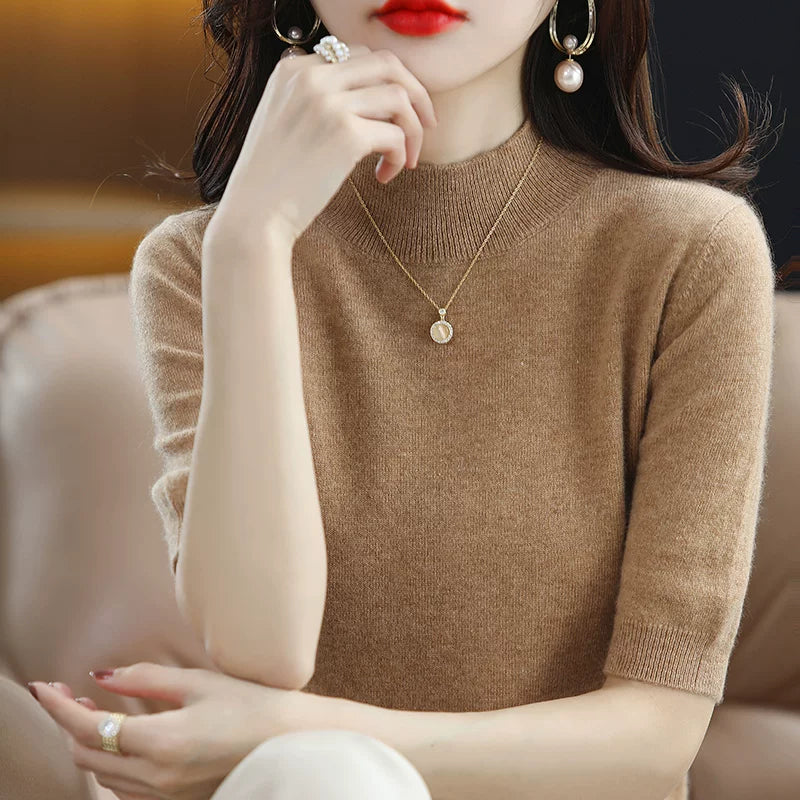Relaxed Knit Top with Small Stand Collar & Elbow Sleeves