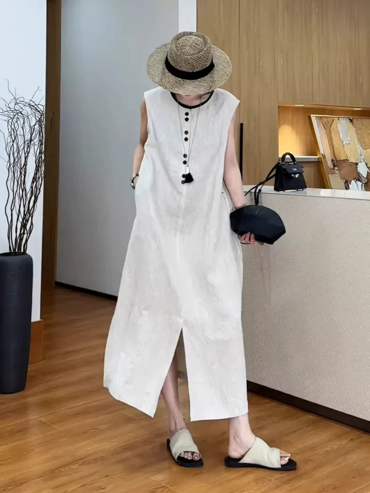 French Linen Sleeveless Midi Dress with Side Slit