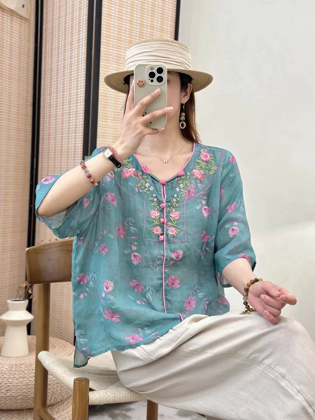 Embroidered Floral Print Half Sleeve Shirt