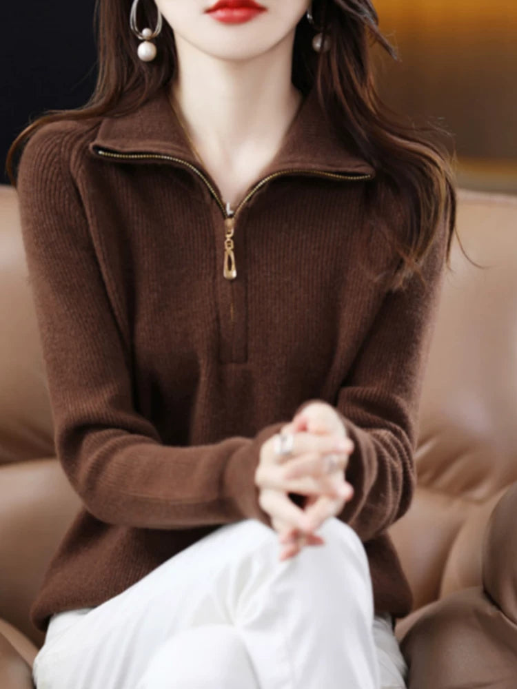 Relaxed Half-Zip Knit Top with Stand Collar
