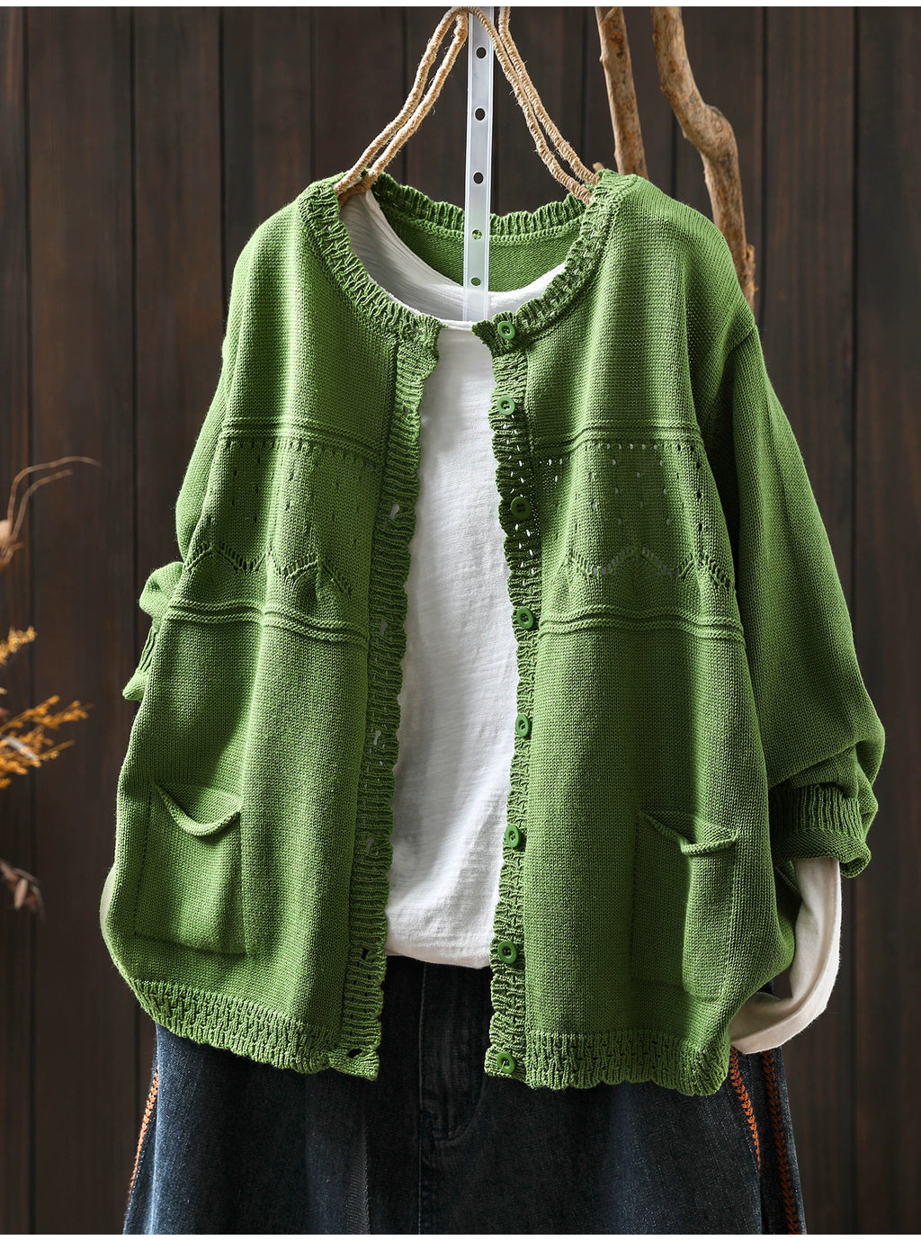 Soft Knit Cardigan with Openwork Panels & Ruffles
