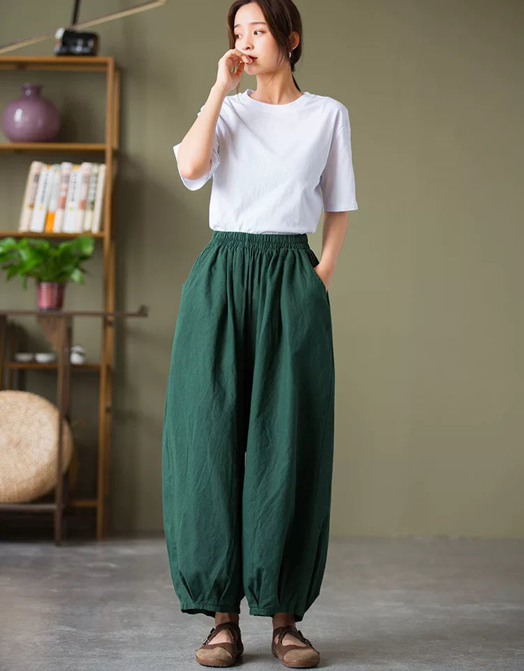 Balloon-Leg Cropped Pants with Linen-Look Texture