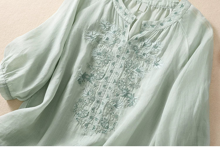 Embroidered Three Quarter Sleeve Blouse, Cotton Linen