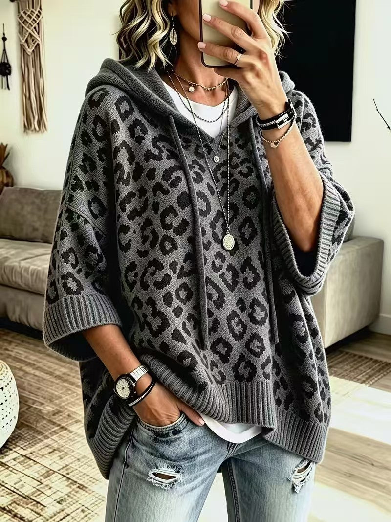 Leopard Jacquard Hooded Knit Top, Oversized Pullover
