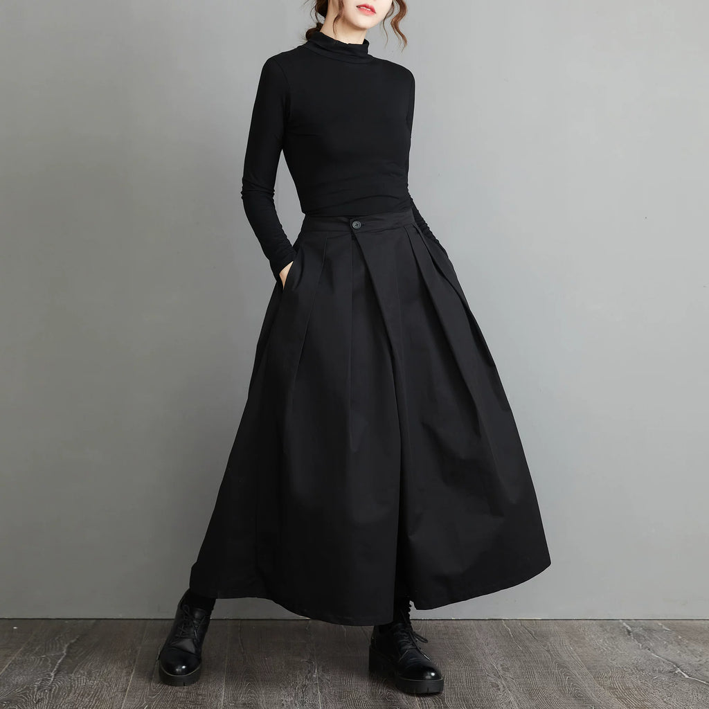 Black Wide-Leg Pants with Front Overlap & Textured Woven Fabric