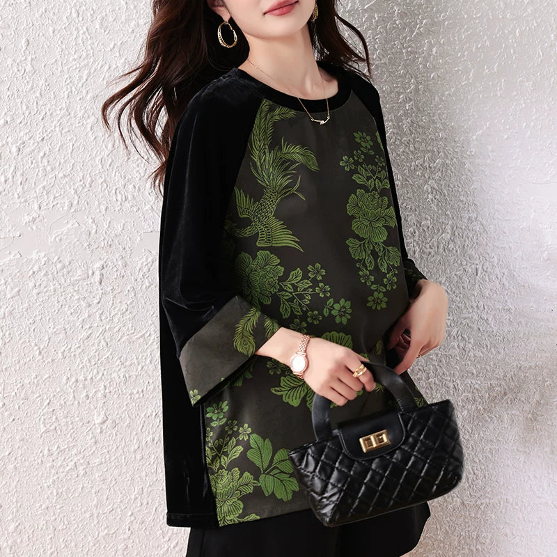Jacquard Top with Velvet-Sleeve Contrast