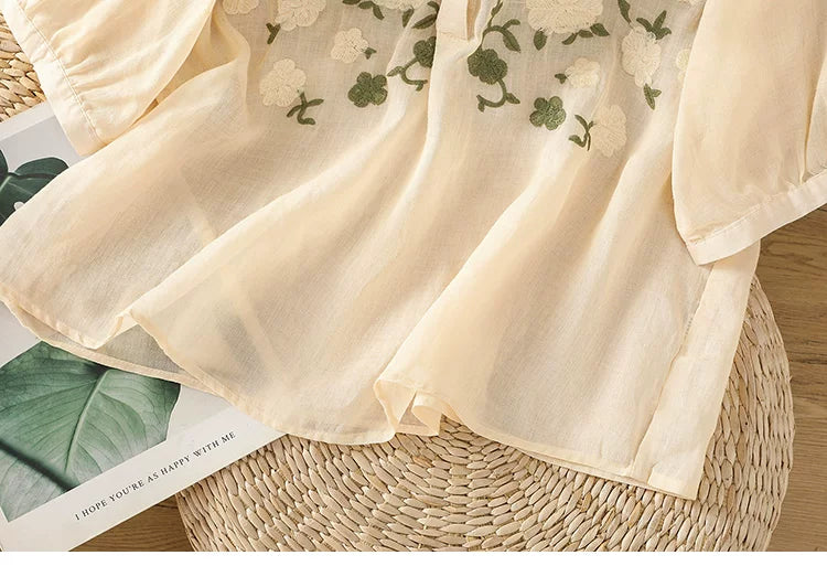 Embroidered Three Quarter Sleeve Cotton Linen Shirt