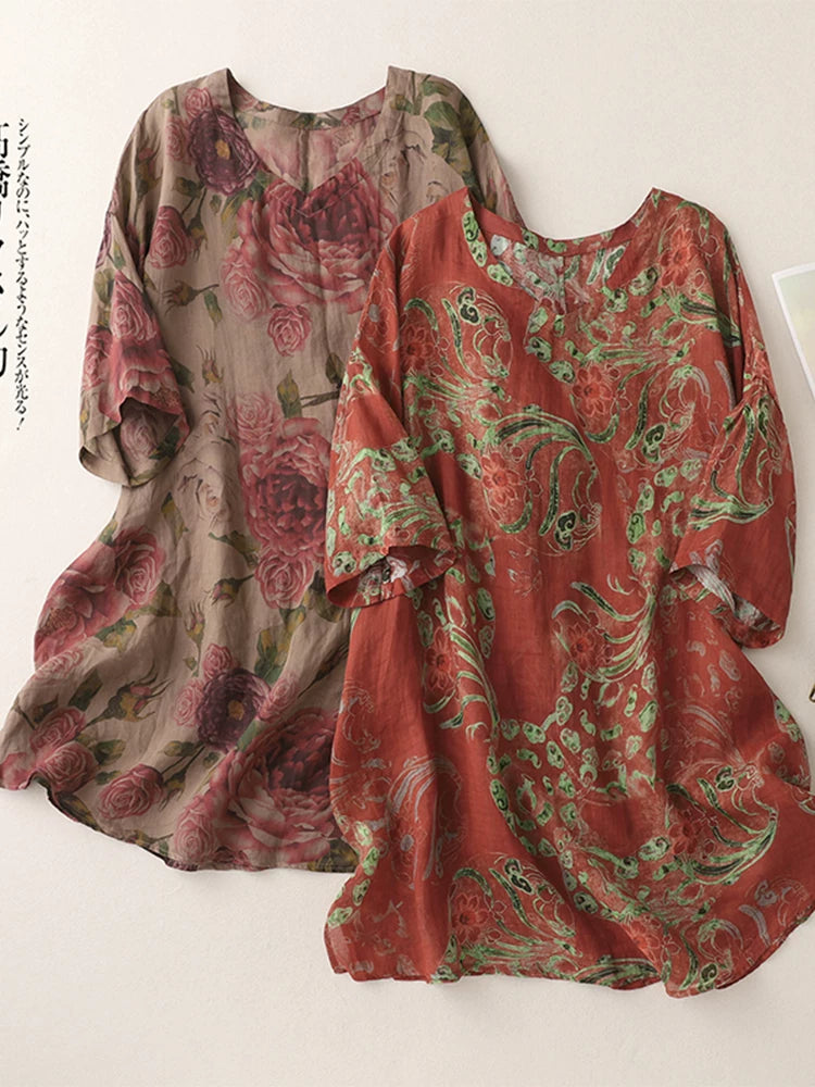 Floral Print Cotton Linen Half Sleeve Tunic
