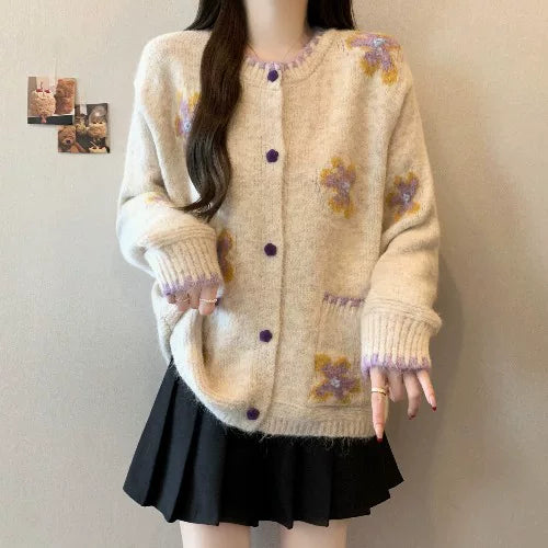 Gray Floral Embroidered Knit Cardigan Sweater