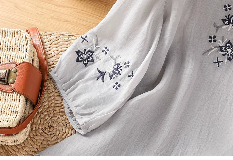 Embroidered Blouse with Elbow-Length Sleeves