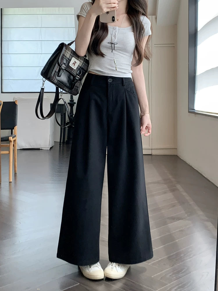 Wide-Leg Pleated Pants in Linen-Look Texture