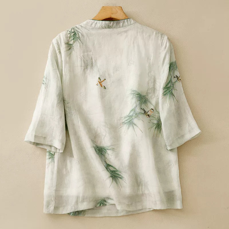 Cotton Linen Half Sleeve Shirt with Bamboo Bird Print
