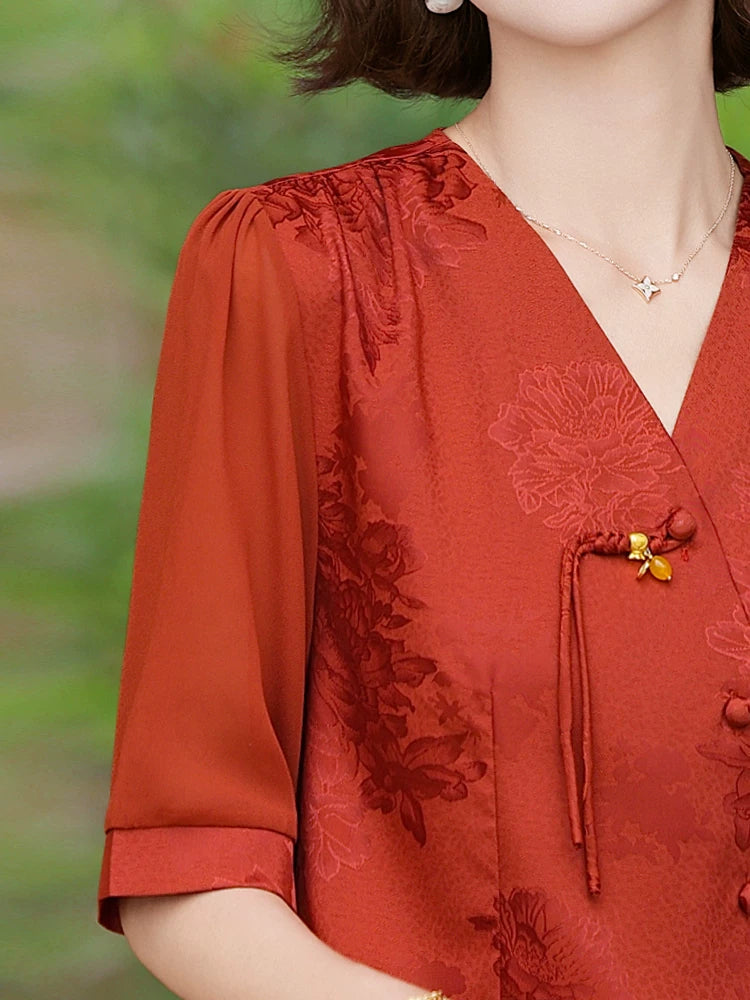 Silk Short-Sleeve Blouse Set in Classic Colors