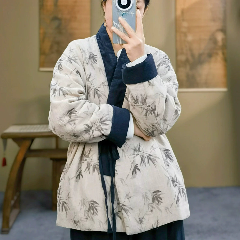 Women's New Chinese Style Cotton Coat with V-Neck and Floral Print