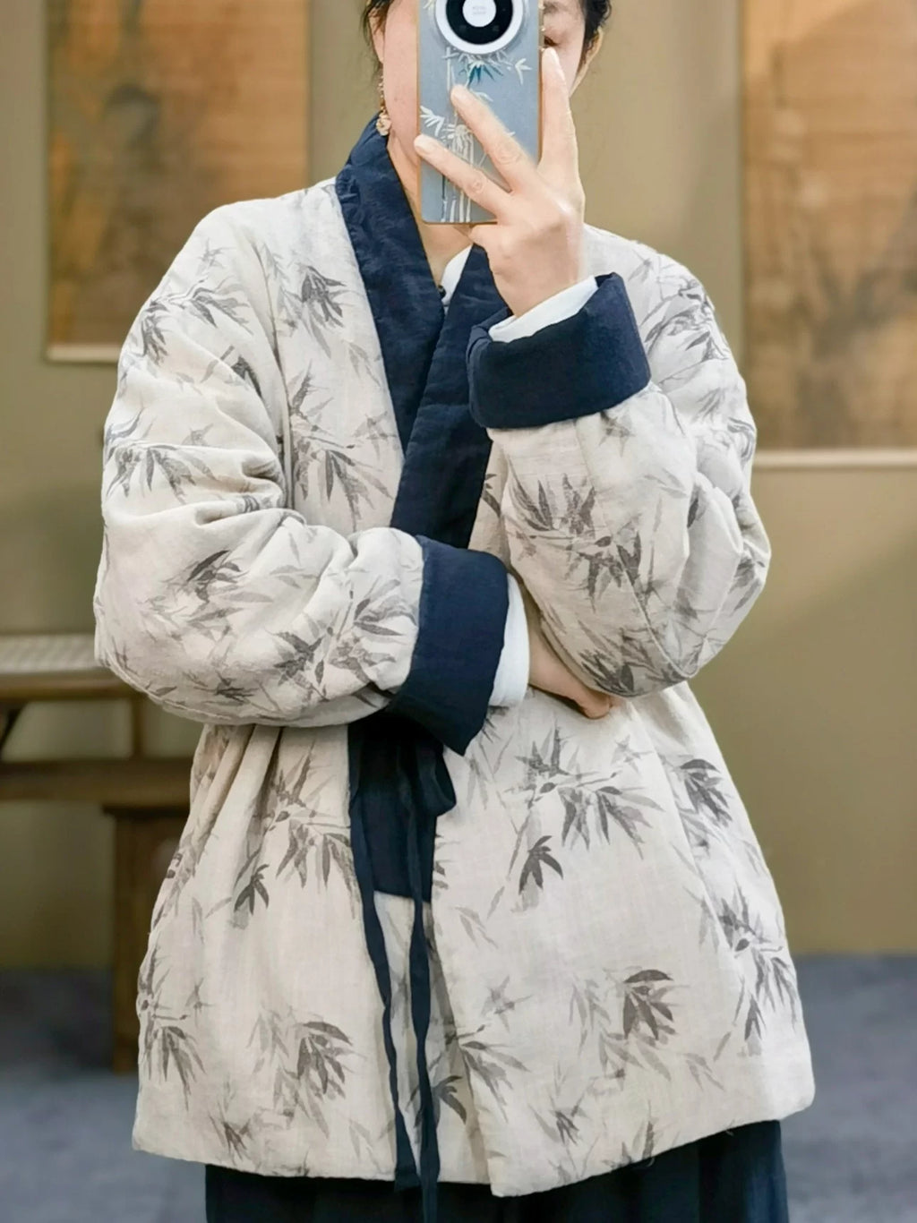 Women's New Chinese Style Cotton Coat with V-Neck and Floral Print