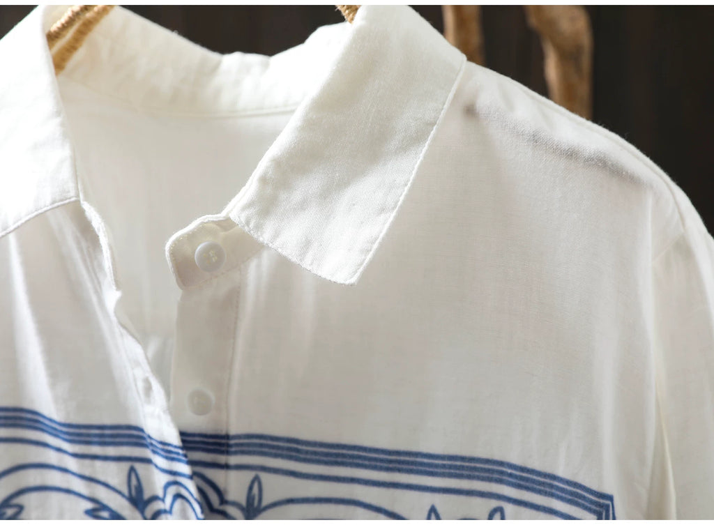 Linen Blouse with Porcelain Print & Button Front