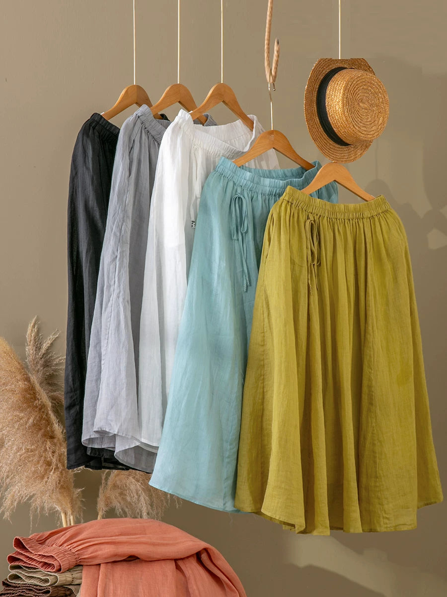 100% Ramie Double-Layer Maxi Skirt with Drawstring Waist