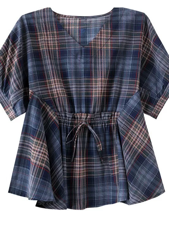 Plaid Chiffon Top with Drawstring Waist