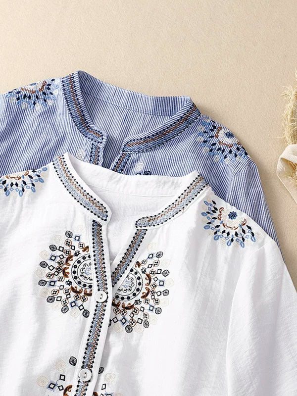 Embroidered Three Quarter Sleeve Shirt, Cotton Linen
