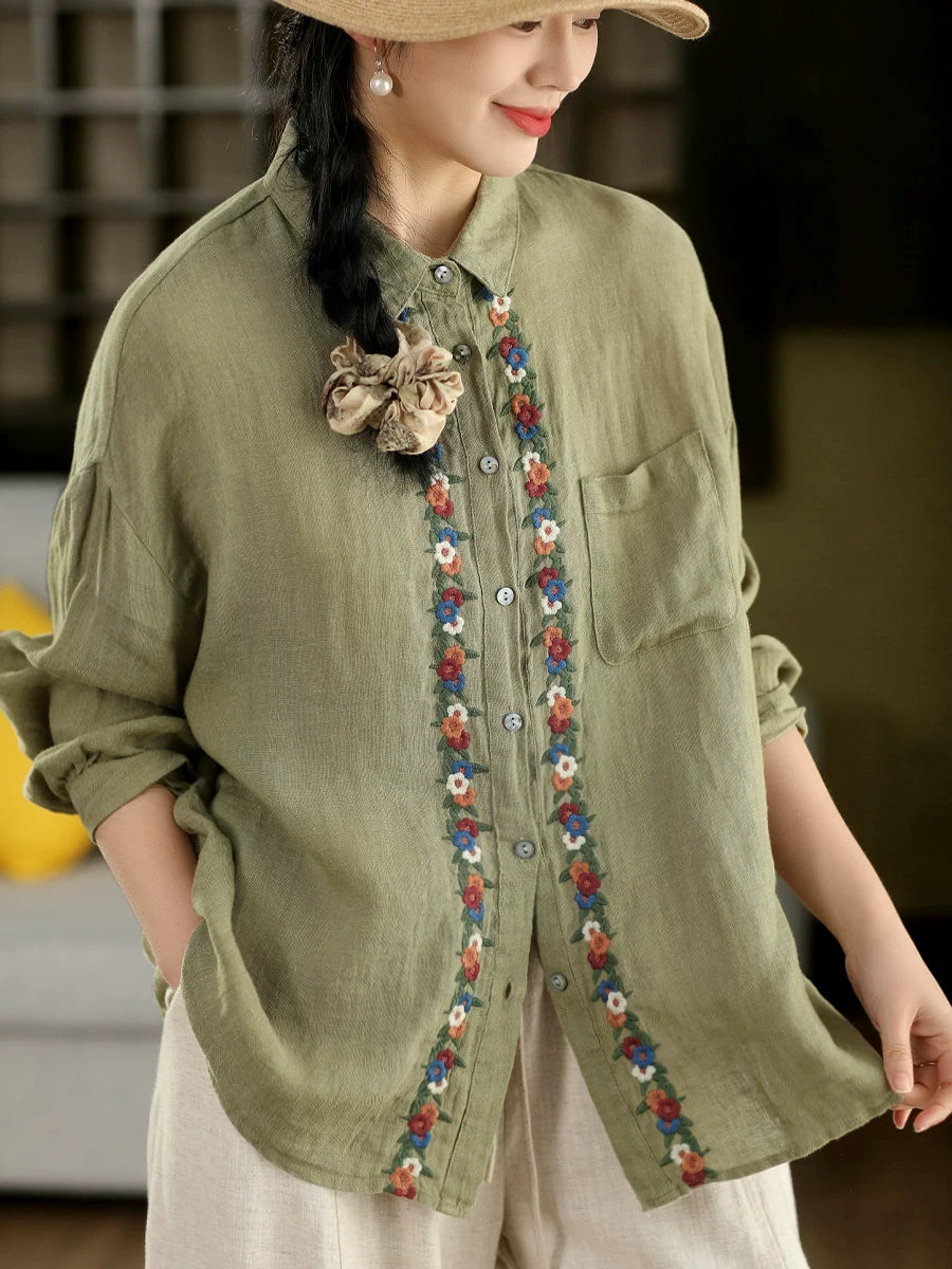 100% Linen Button-Front Top with Floral Embroidery